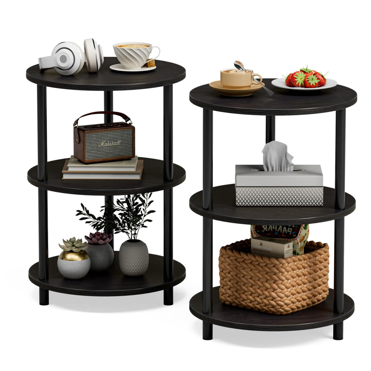 XBurmo Small Round End Table - 3 Tier Design Accent Table, Narrow Side or Bedside Stand, Industrial Vintage Nightstand for Bedroom, Living Room, or Small Spaces