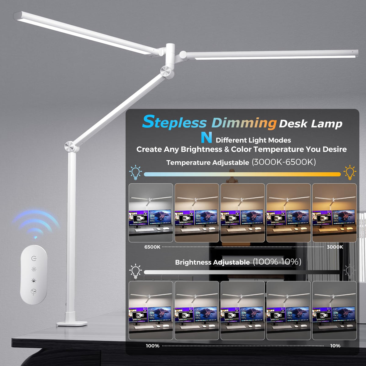 Airlonv LED Desk Lamp with Clamp, 17" Stepless Dimming Light
