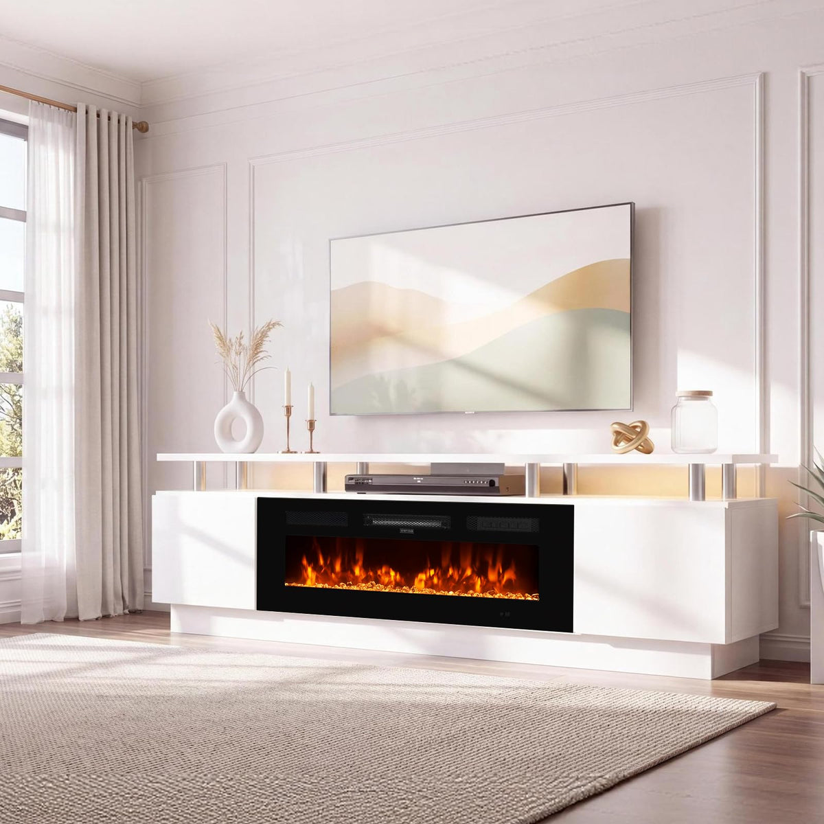 OneBlis Fireplace TV Stand, 70" Entertainment Center & Media Console, Fits TVs up to 80", Modern Living Room TV Cabinet with Storage Shelves, 36" Electric Fireplace, LED Flame