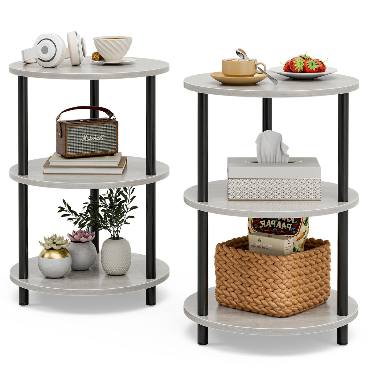 XBurmo Small Round End Table - 3 Tier Design Accent Table, Narrow Side or Bedside Stand, Industrial Vintage Nightstand for Bedroom, Living Room, or Small Spaces