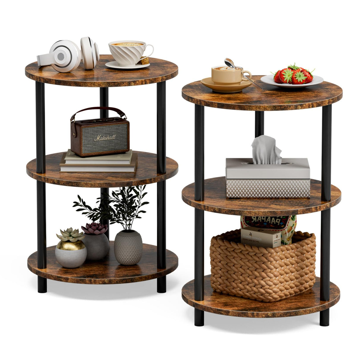 XBurmo Small Round End Table - 3 Tier Design Accent Table, Narrow Side or Bedside Stand, Industrial Vintage Nightstand for Bedroom, Living Room, or Small Spaces
