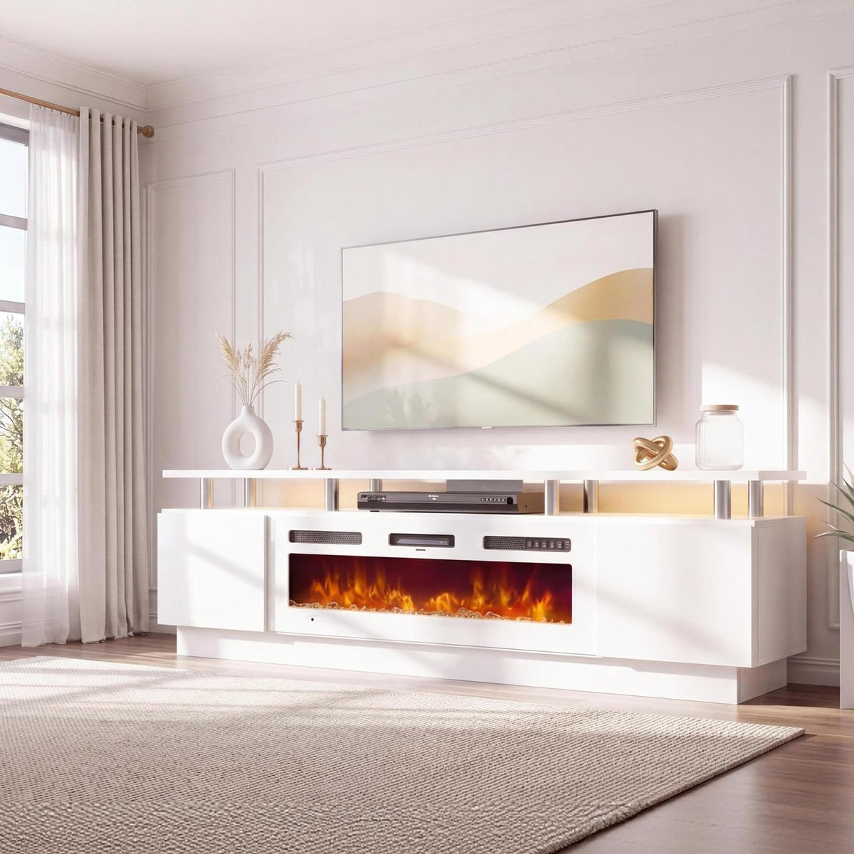 OneBlis Fireplace TV Stand, 70" Entertainment Center & Media Console, Fits TVs up to 80", Modern Living Room TV Cabinet with Storage Shelves, 36" Electric Fireplace, LED Flame