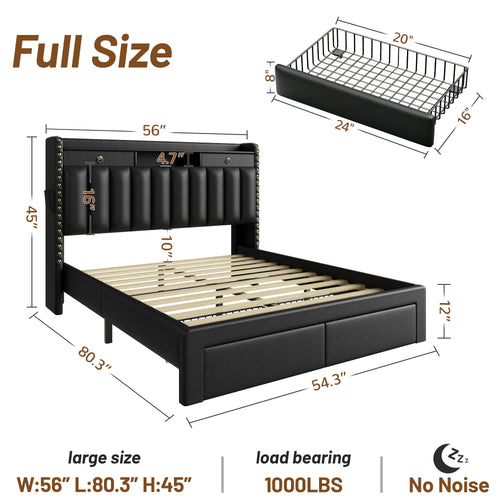 CypBed Bed Frame with 2 Tier Storage Headboard, Upholstered King Bed Frame with 4-Storage Drawers, 3 USB & Type-C Charging Ports, Solid Wood Slats, No Box Spring Needed, Noise-Free,
