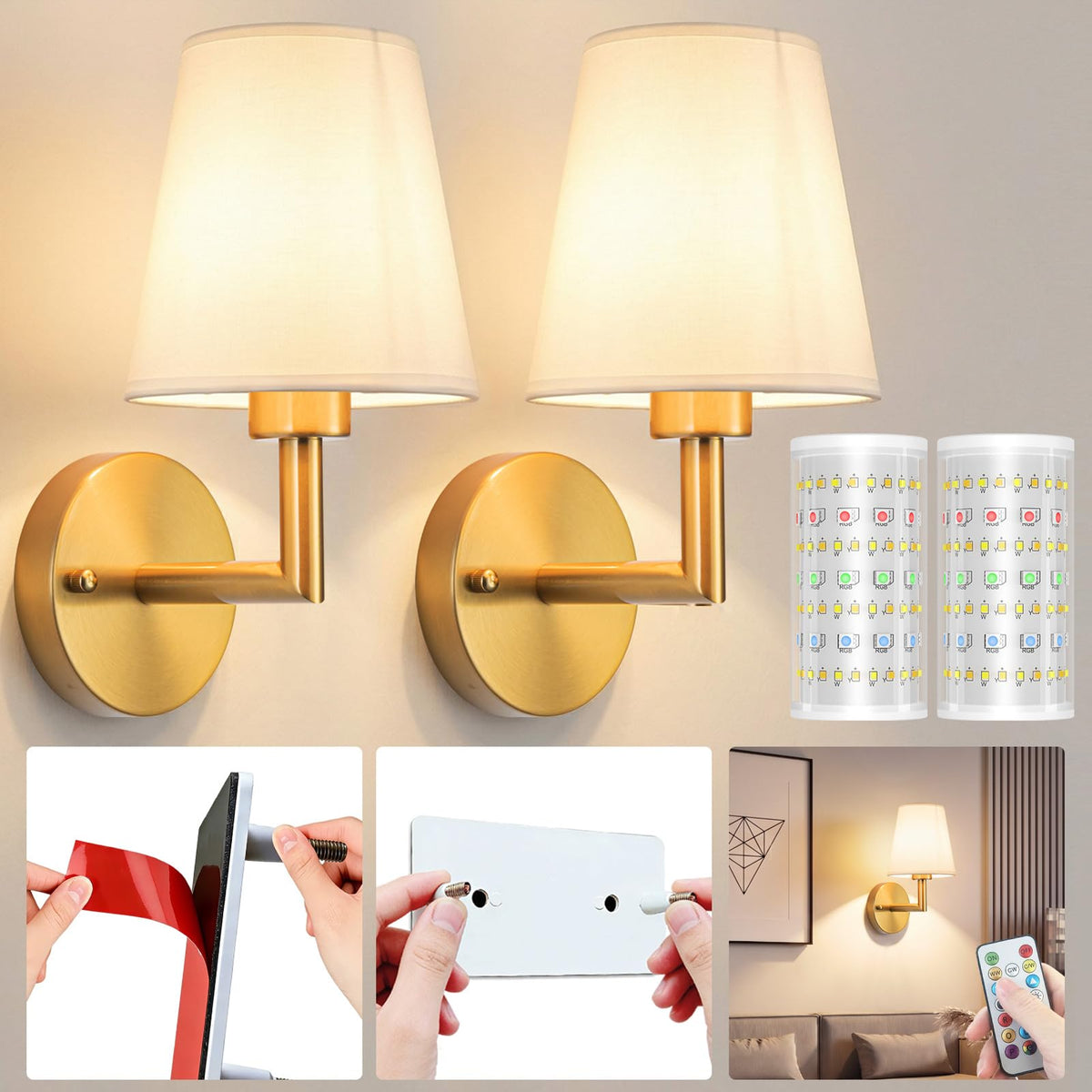 Battery Operated Wall Sconces Set Of Two, Wireless Battery Wall Light With 10000mAh RGB Rechargeable Magnetic Bulb, Rechargeable Wall Sconce With Remote Control For Bedroom, No Electrician Required