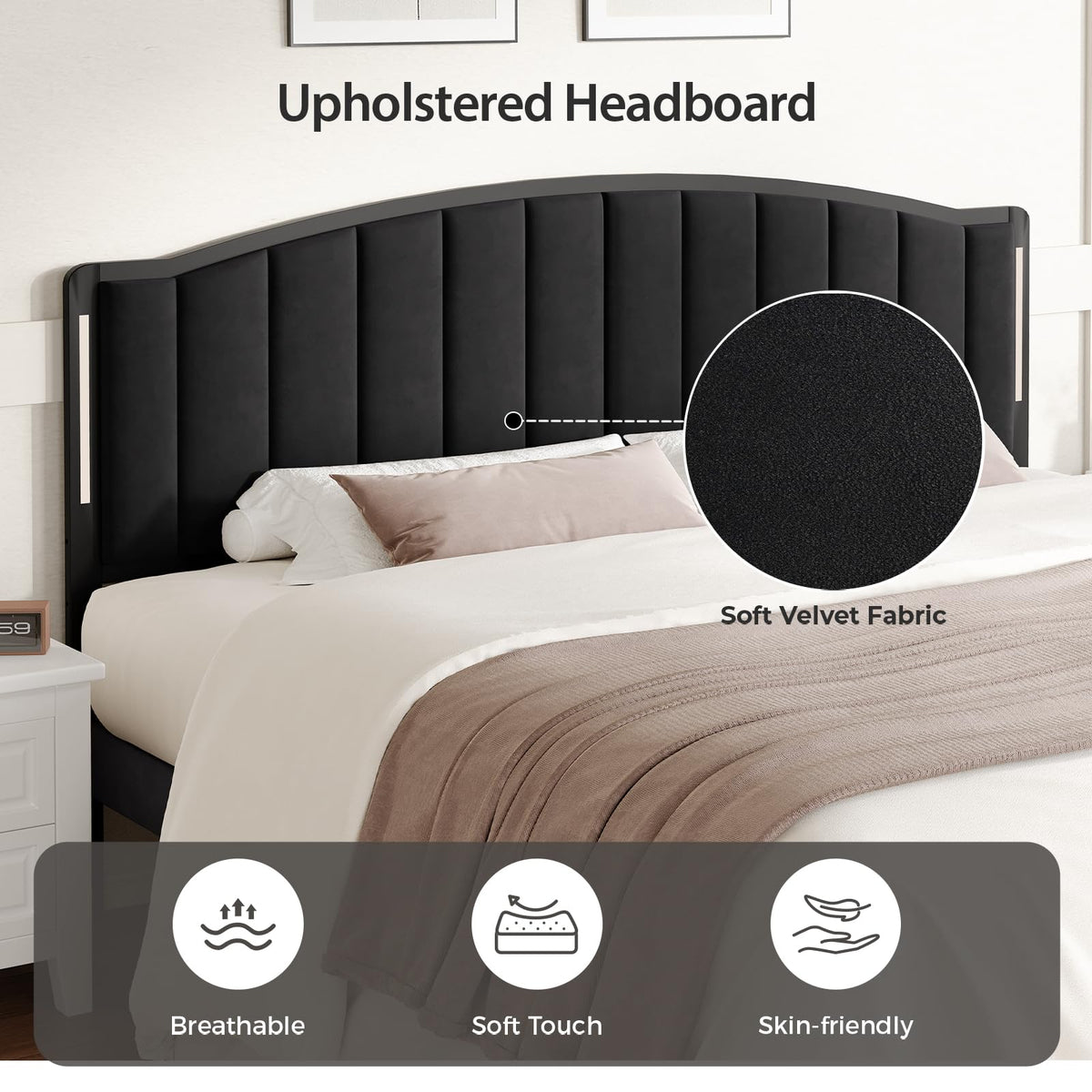 Salamir Headboard for Bed with LED Lights, Upholstered Vertical Channel Tufting Head Boards, Linen Fabric Bed Headboard Only, Study & Comfortable, Ideal for Bedroom, Dorm, Guest Room, Grey