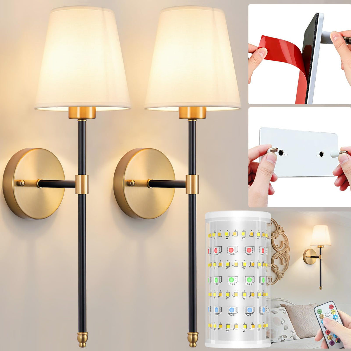 Battery Operated Wall Sconces Set Of Two, Wireless Battery Wall Light With 10000mAh RGB Rechargeable Magnetic Bulb, Rechargeable Wall Sconce With Remote Control For Bedroom, No Electrician Required