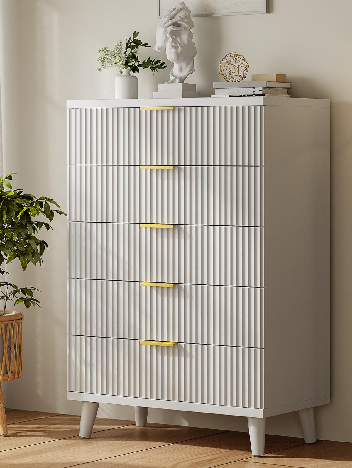 Lulive Wood Black Dresser for Bedroom Fluted Modern Chest of Drawers Storage Organizer