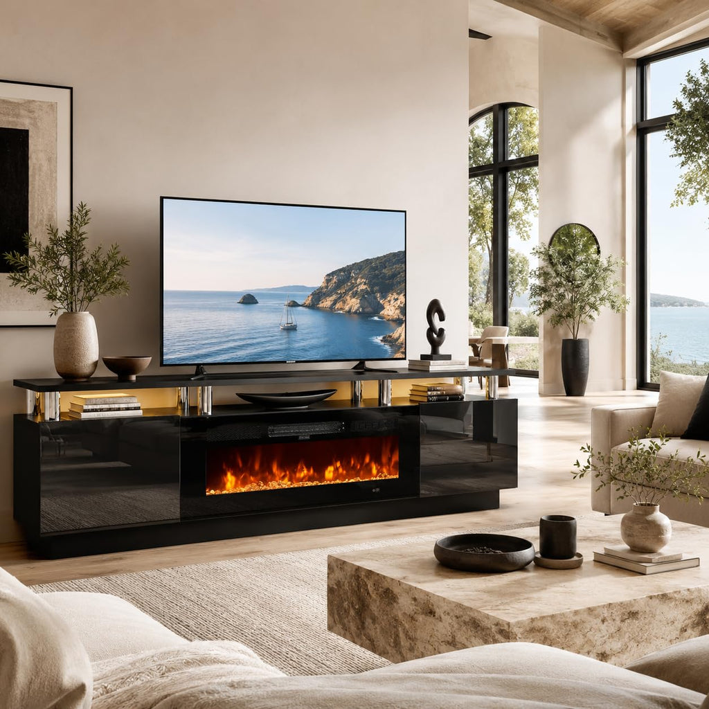 OneBlis Fireplace TV Stand, 70" Entertainment Center & Media Console, Fits TVs up to 80", Modern Living Room TV Cabinet with Storage Shelves, 36" Electric Fireplace, LED Flame
