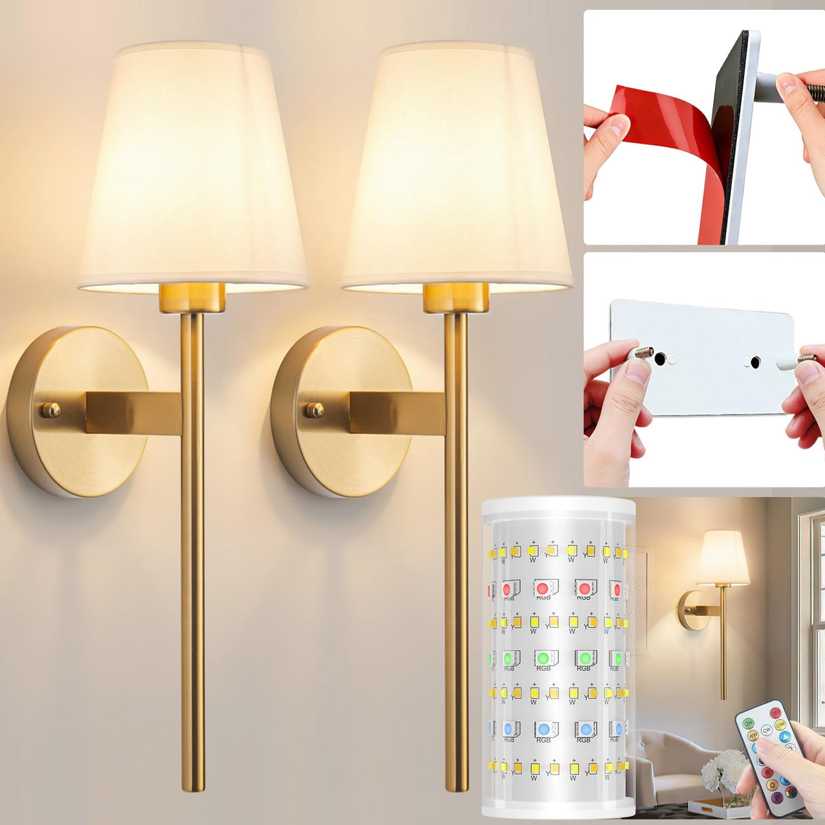 Battery Operated Wall Sconces Set Of Two, Wireless Battery Wall Light With 10000mAh RGB Rechargeable Magnetic Bulb, Rechargeable Wall Sconce With Remote Control For Bedroom, No Electrician Required