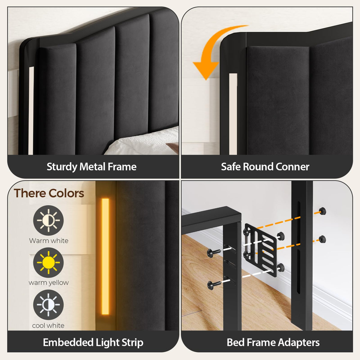 Salamir Headboard for Bed with LED Lights, Upholstered Vertical Channel Tufting Head Boards, Linen Fabric Bed Headboard Only, Study & Comfortable, Ideal for Bedroom, Dorm, Guest Room, Grey