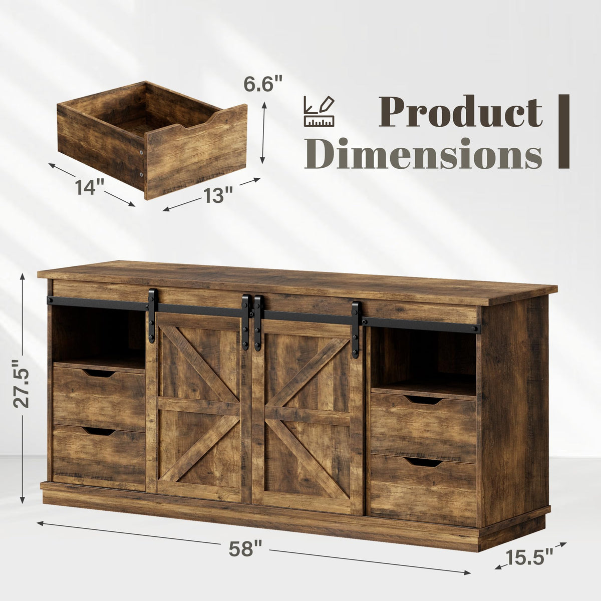 YESHOMY Farmhouse TV Stand for Televisions up to 65 Inch, Wood Entertainment Center with Sliding Barn Doors and 4 Storage Drawers, 58’’ Media Console Cabinet with Shelves for Living Room