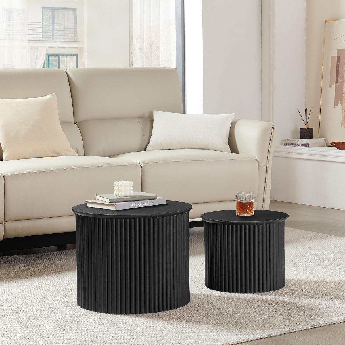 2-Piece Modern Farmhouse Living Room Coffee Table Set, Modern Wood Grain Pattern Natural Wood Finish Side Table and End Table Set for Living Room, Bedroom, Cafe, Office