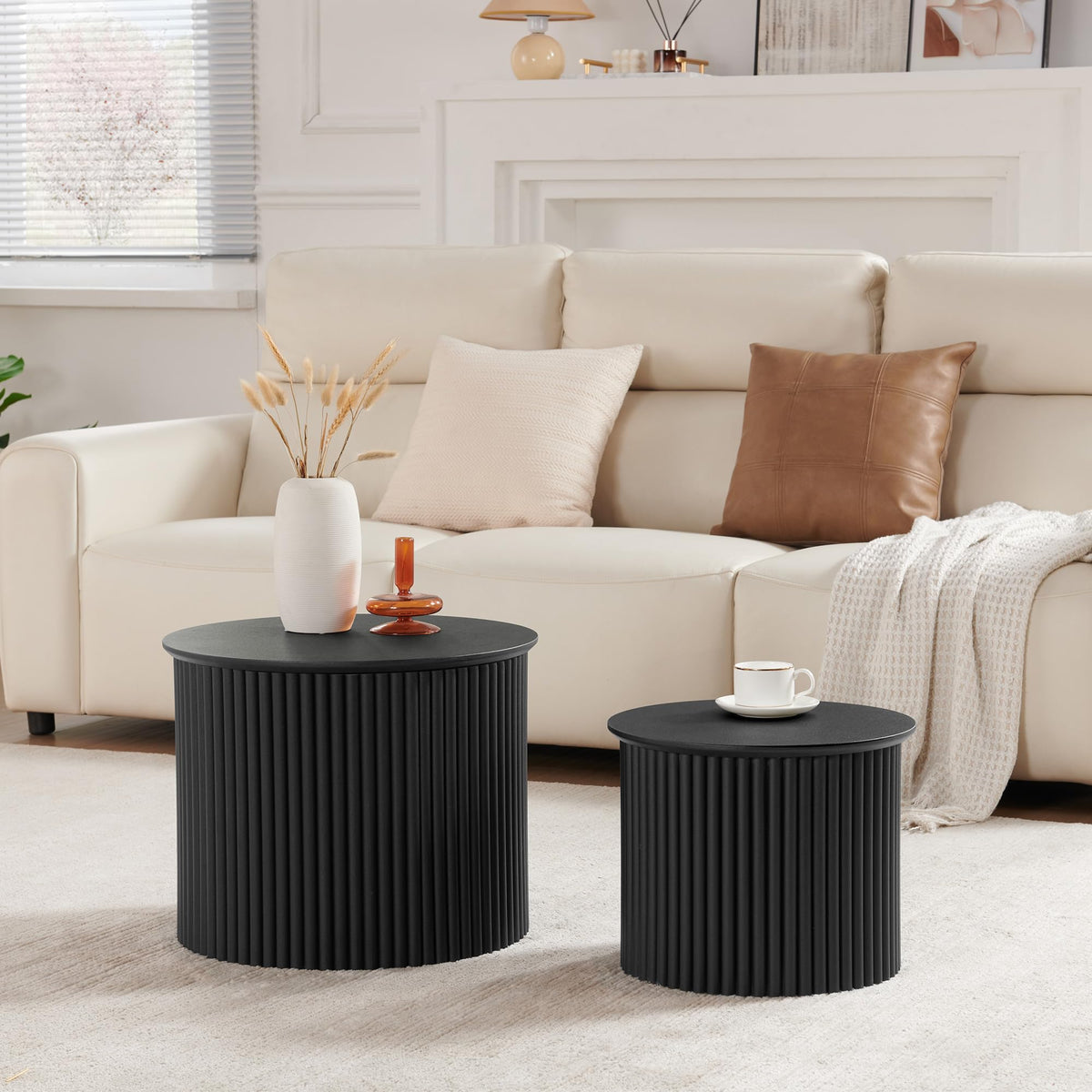2-Piece Modern Farmhouse Living Room Coffee Table Set, Modern Wood Grain Pattern Natural Wood Finish Side Table and End Table Set for Living Room, Bedroom, Cafe, Office