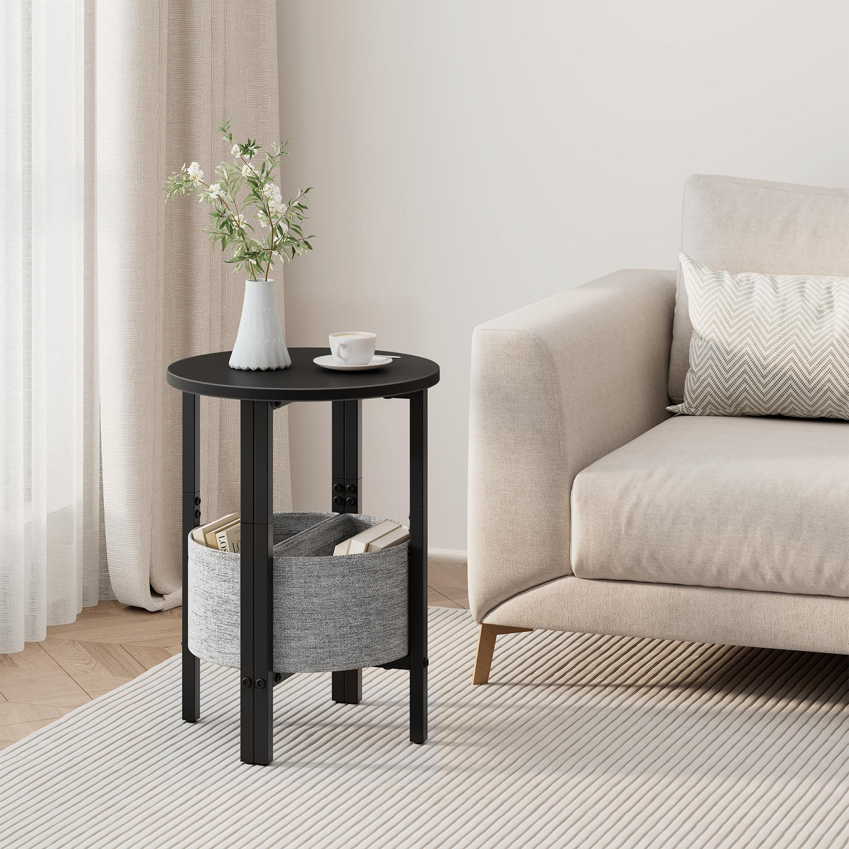 VAGUSICC Side Table, Small Round End Table with Fabric Basket, Set of 2 Half Round Side Table Half Moon Tables, Round Accent Coffee Table, Tea Sofa Table Nightstand for Living Room Bedroom Small Space