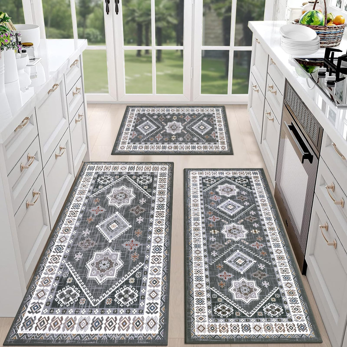 HEBE Boho Non-Slip Washable Kitchen Rugs, 3-Piece Set