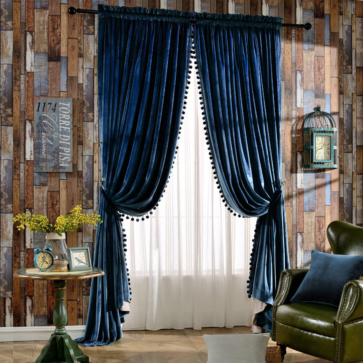Melodieux Pom Pom Velvet Curtains, 2-Panel Set