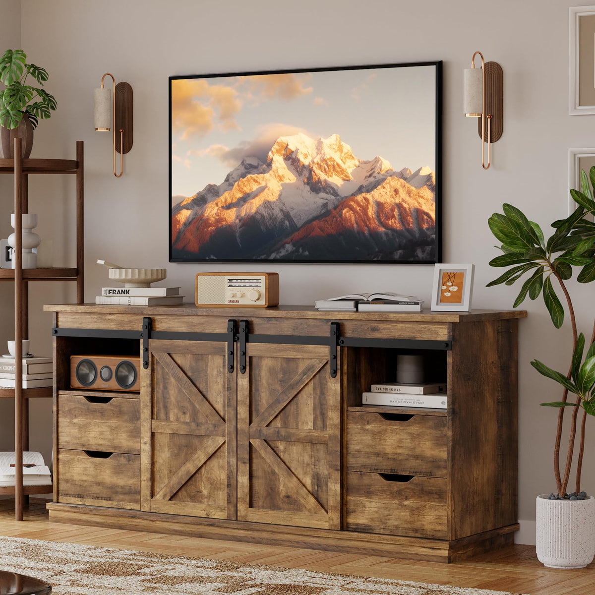 YESHOMY Farmhouse TV Stand for Televisions up to 65 Inch, Wood Entertainment Center with Sliding Barn Doors and 4 Storage Drawers, 58’’ Media Console Cabinet with Shelves for Living Room