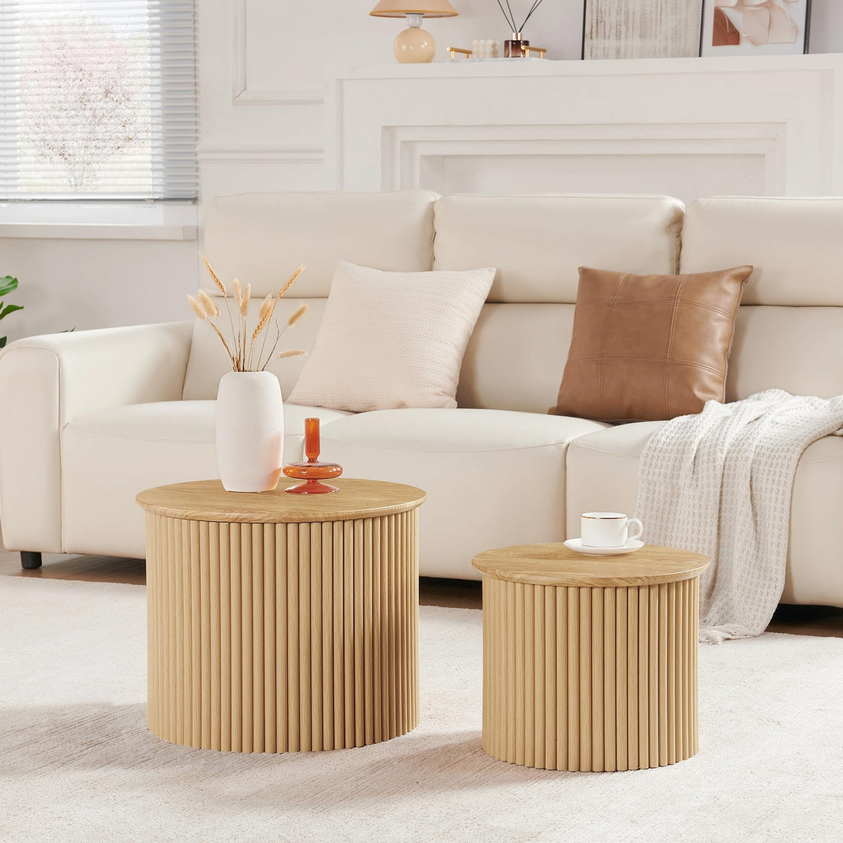 2-Piece Modern Farmhouse Living Room Coffee Table Set, Modern Wood Grain Pattern Natural Wood Finish Side Table and End Table Set for Living Room, Bedroom, Cafe, Office