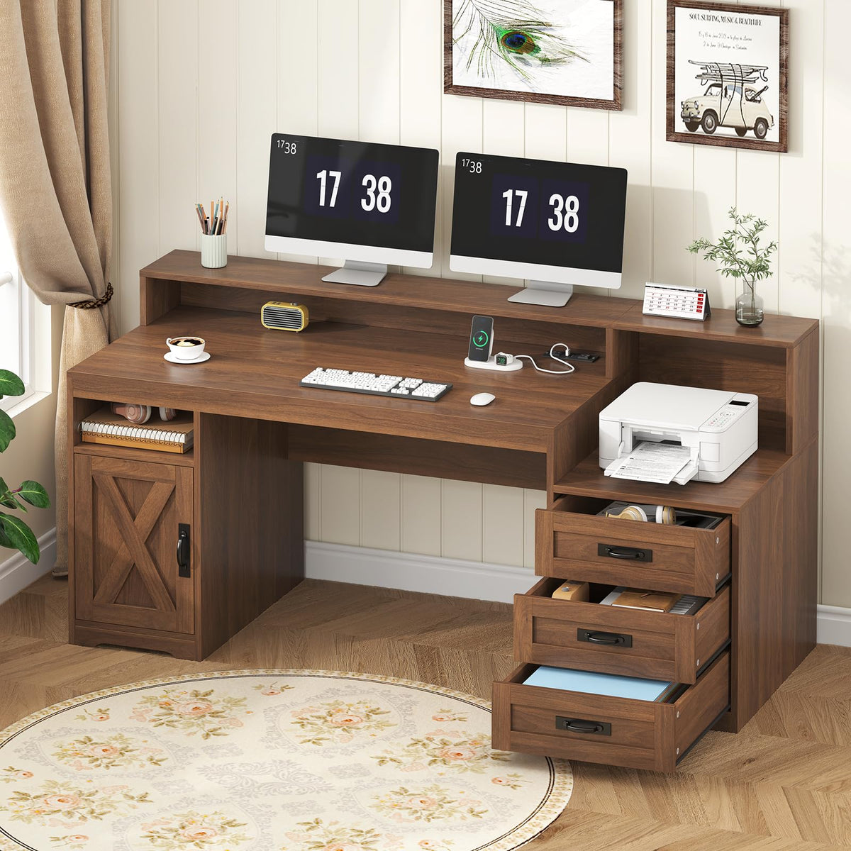 TVU Farmhouse Computer Desk with Drawers, 65'' Home Office Desk with Power Outlets, Storage Cabinet and Printer Stand, Study Writing Desks with Long Monitor Stand, White