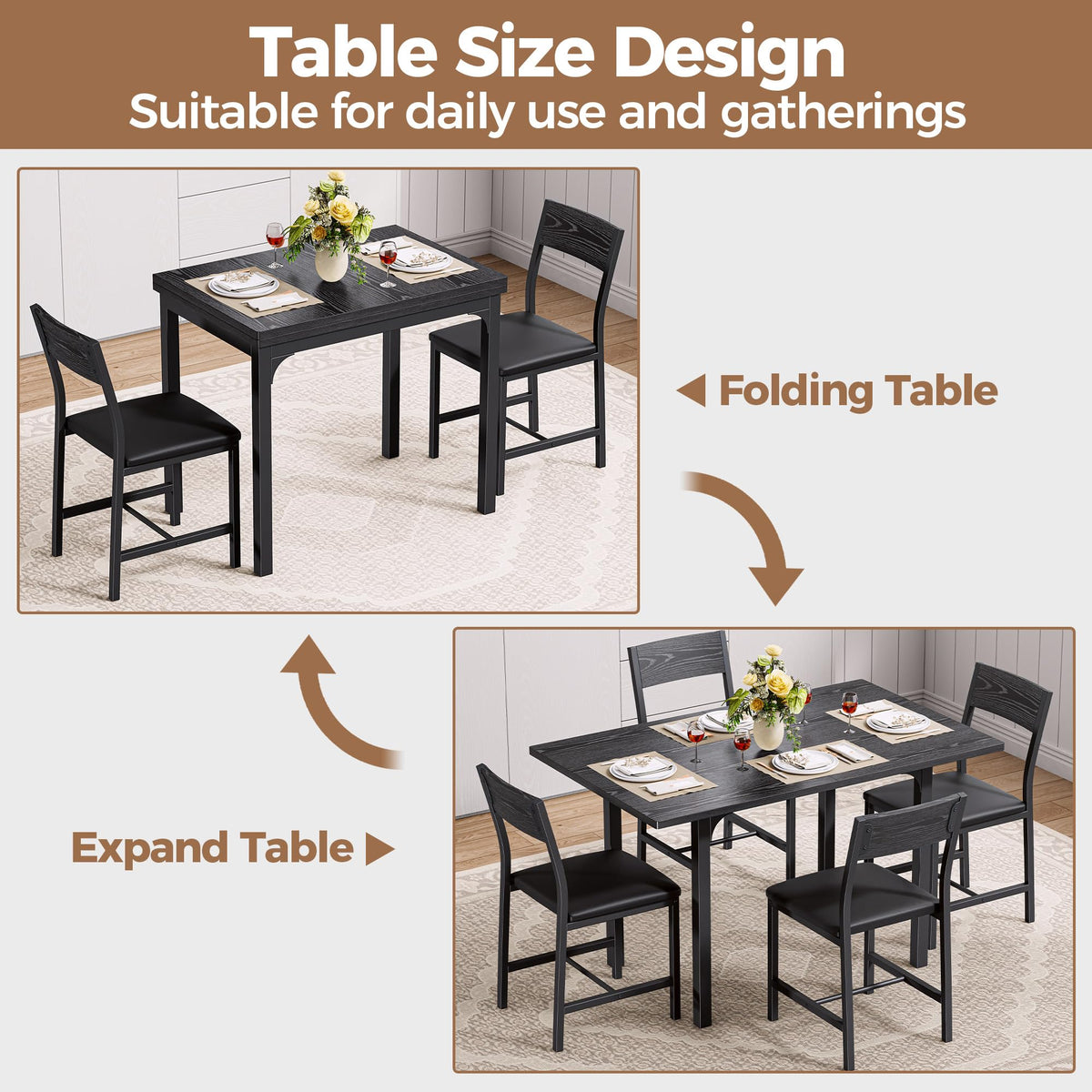 IRONCK 5-Piece Dining Table Set for 4, Extendable Kitchen Table Chairs Set of 4, Dining Room Table with 4 Upholstered Chairs, Folding for Small Space, Apartment