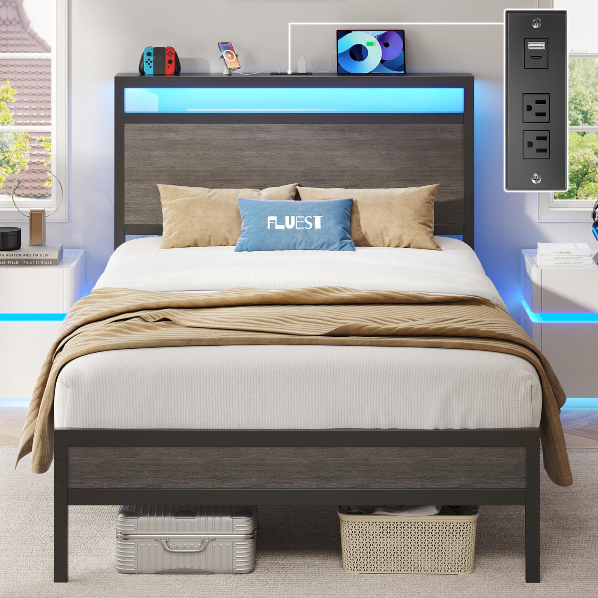 Fluest Bed Frame with Headboard, Metal Platform Bed Frame with High Bookcase Headboard, 4 Storage Drawers & Charging Station & LED, Noise-Free, NO Box Spring Needed
