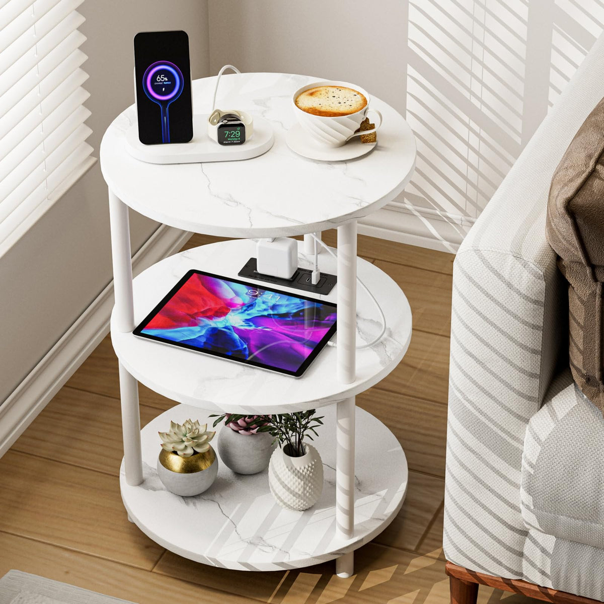 XBurmo Small Round End Table - 3 Tier Design Accent Table, Narrow Side or Bedside Stand, Industrial Vintage Nightstand for Bedroom, Living Room, or Small Spaces