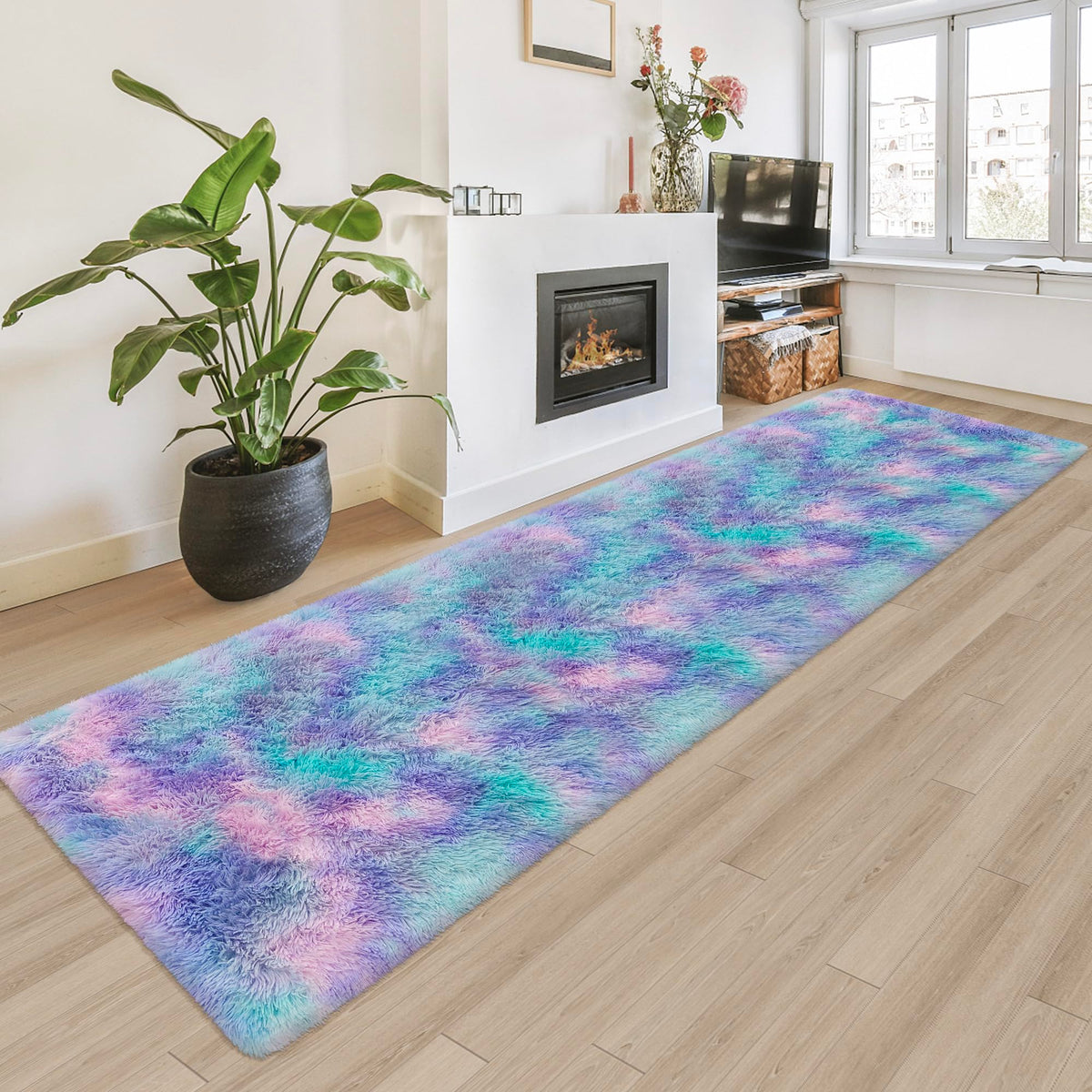 JiaoBaba Rainbow Tie-Dye Fluffy Area Rug for Kids