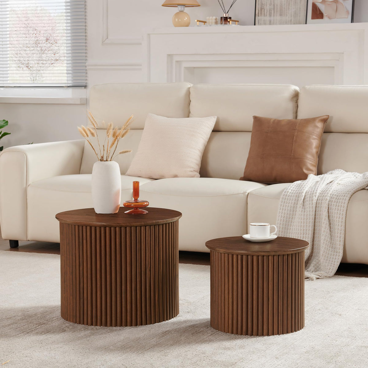 2-Piece Modern Farmhouse Living Room Coffee Table Set, Modern Wood Grain Pattern Natural Wood Finish Side Table and End Table Set for Living Room, Bedroom, Cafe, Office