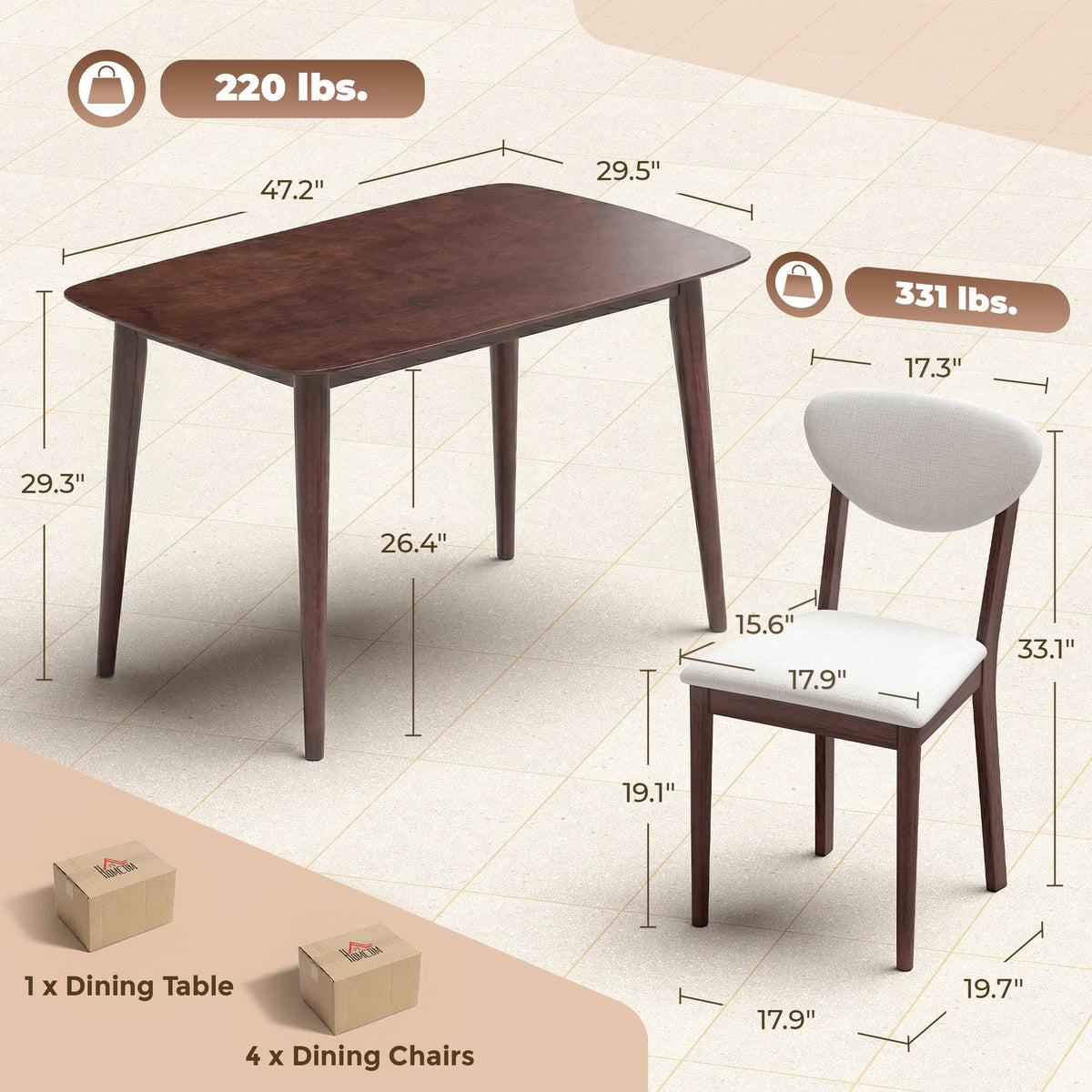 HOMCOM 5-Piece Dining Table Set for 4 Mid Century Modern