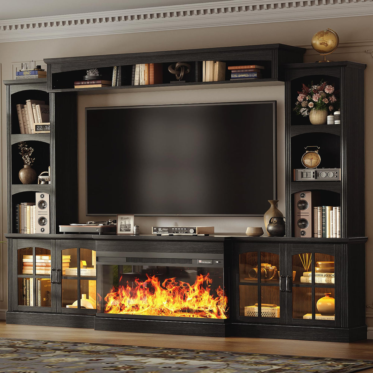 OneBlis 98" Farmhouse TV Stand with 36" Electric Fireplace, Bookshelves, Fits 75" TVs, Entertainment Center with Storage Cabinet, Large Wall Unit Media Console for Living Room, White