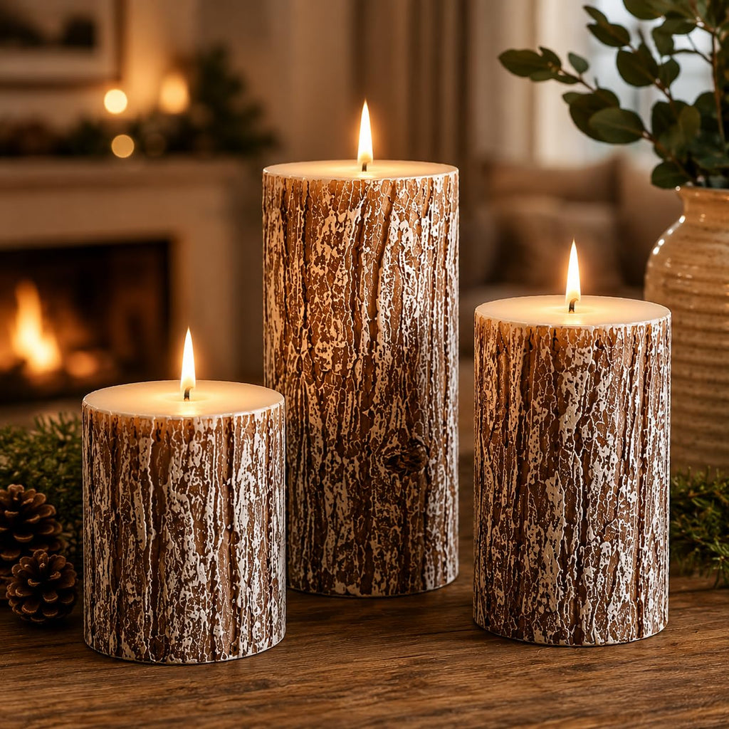 MOSROAD Rustic Pine Tree Pillar Candle Set of 3, Unscented Home Decor