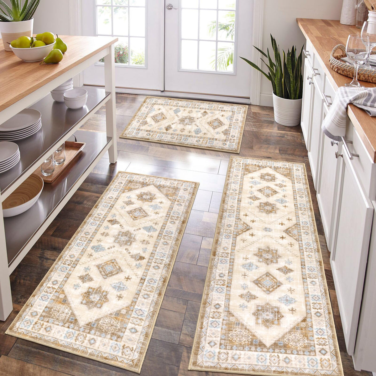 HEBE Boho Non-Slip Washable Kitchen Rugs, 3-Piece Set