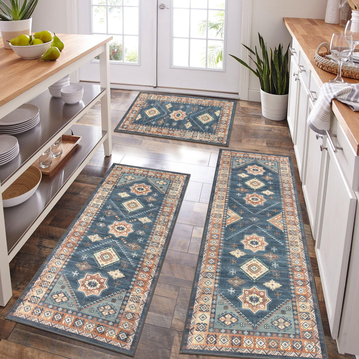 HEBE Boho Non-Slip Washable Kitchen Rugs, 3-Piece Set