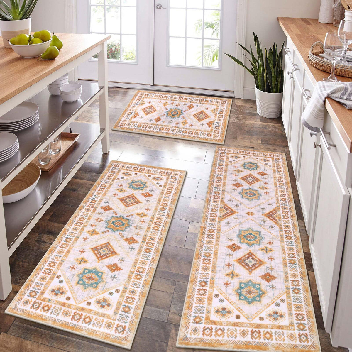 HEBE Boho Non-Slip Washable Kitchen Rugs, 3-Piece Set