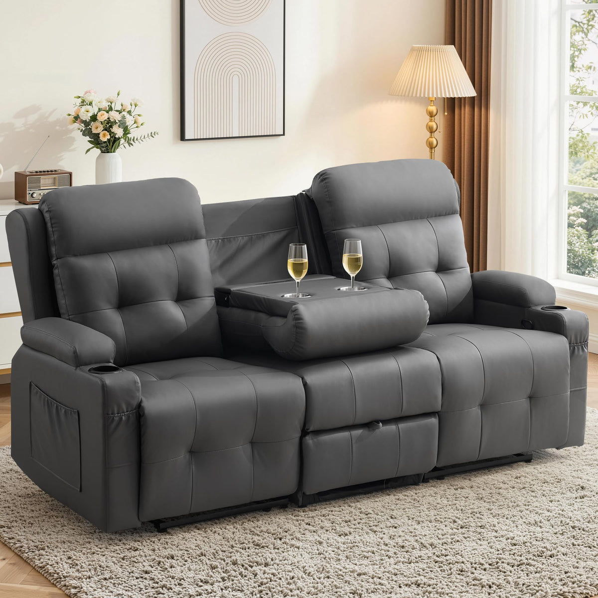 Korser 3-Seater Loveseat Recliner Sofa, Manual Recliner Chair with Flip Back Console, Cup Holder & USB, Home Theater Seating for Family Party, PU Leather