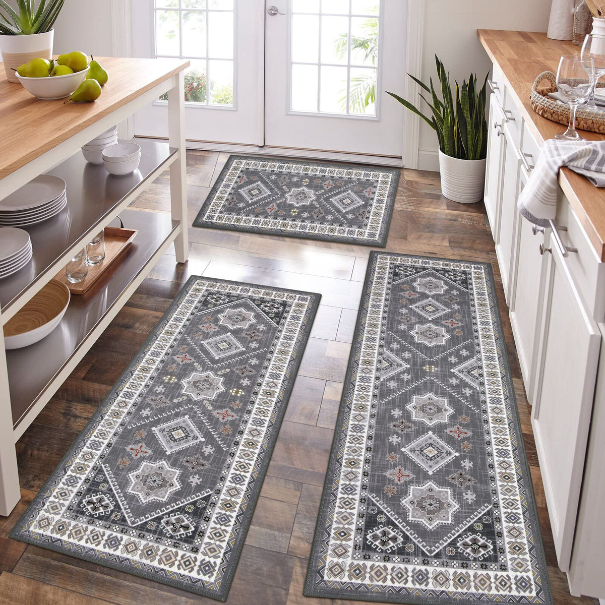 HEBE Boho Non-Slip Washable Kitchen Rugs, 3-Piece Set
