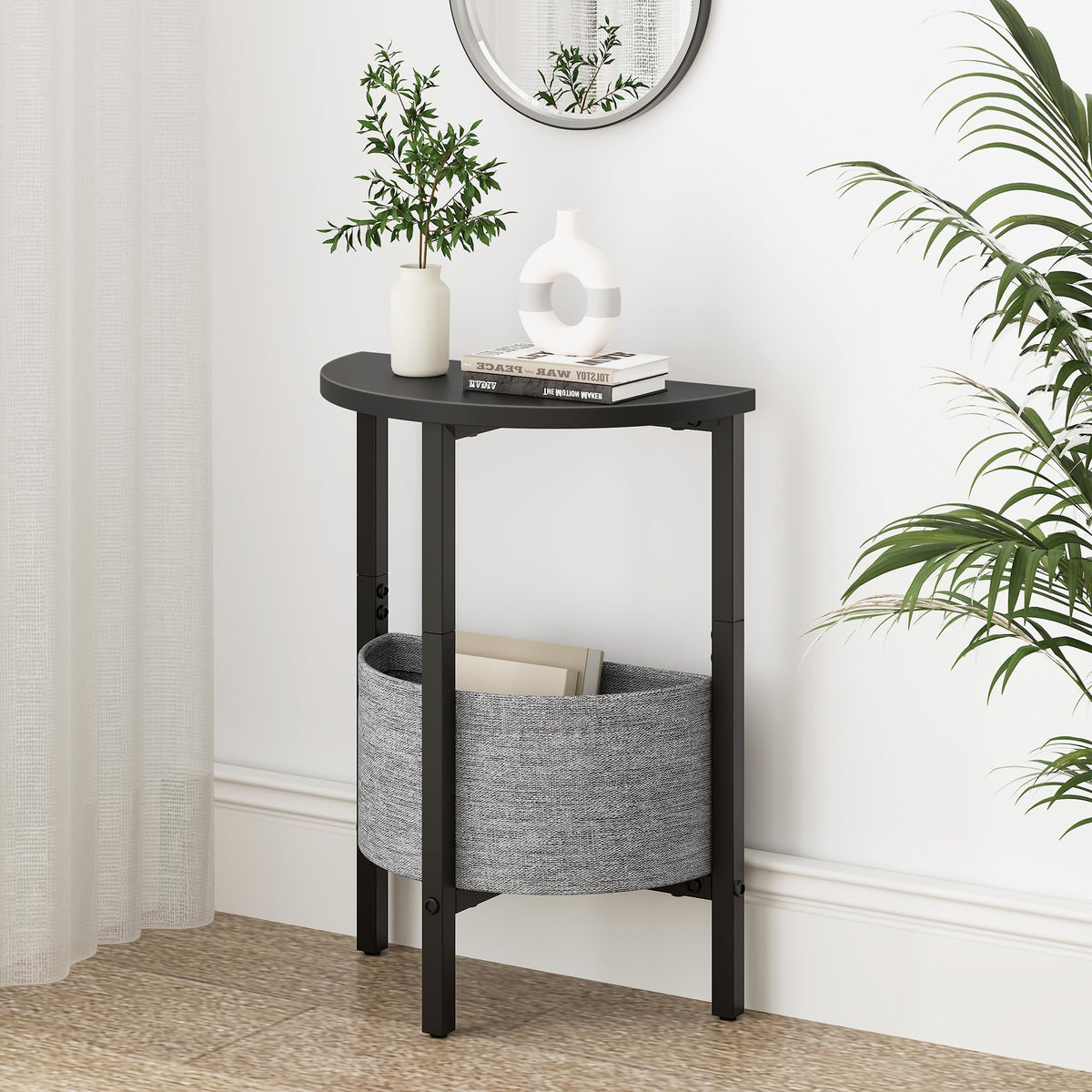 VAGUSICC Side Table, Small Round End Table with Fabric Basket, Set of 2 Half Round Side Table Half Moon Tables, Round Accent Coffee Table, Tea Sofa Table Nightstand for Living Room Bedroom Small Space