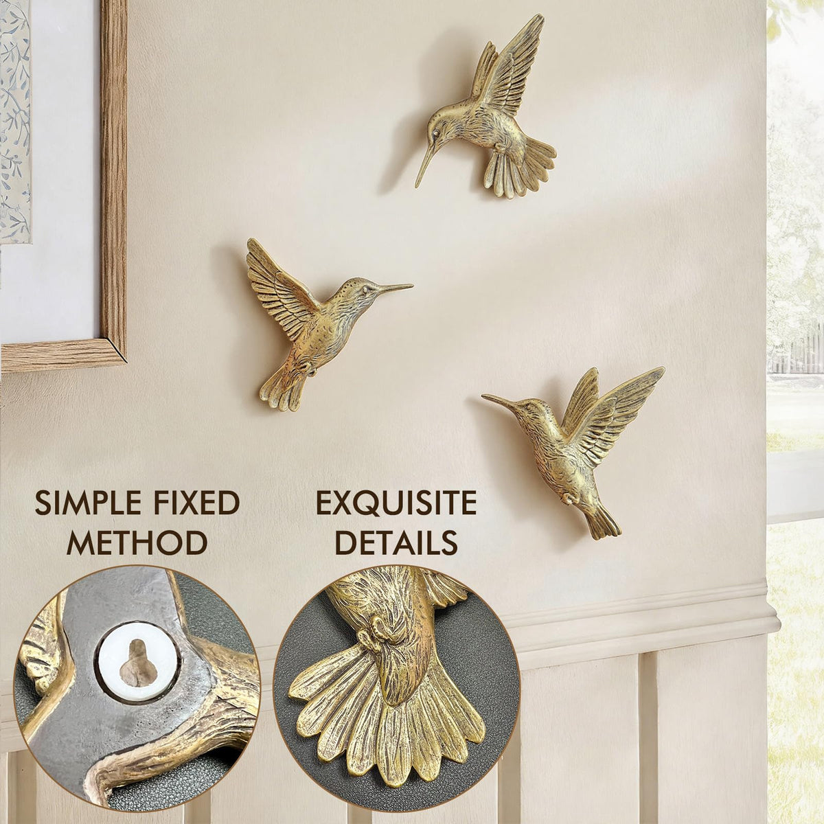 GUSFREUD Hummingbird Wall Decor – Antique Copper Bird Wall Art Sculptures for Home Decor