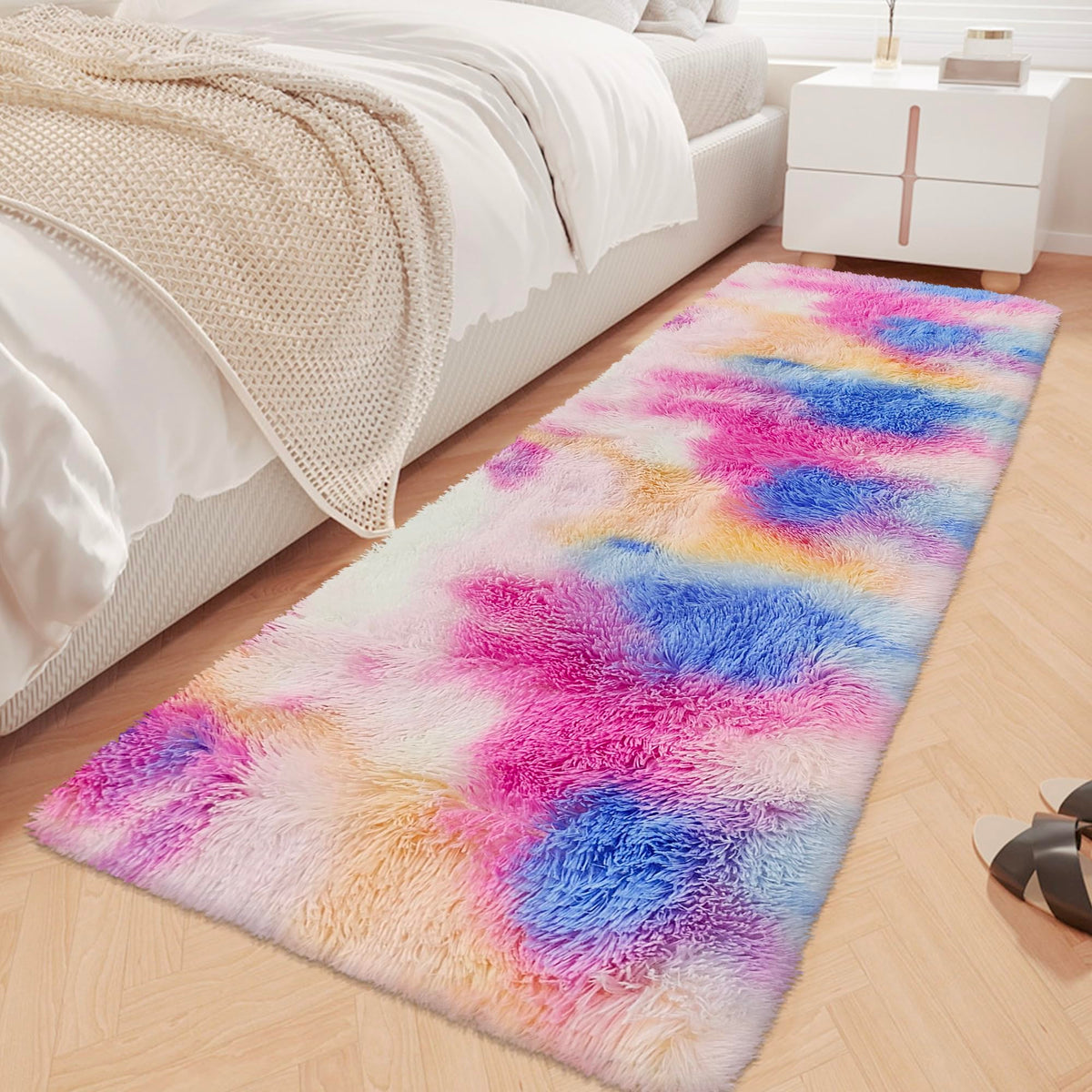 JiaoBaba Rainbow Tie-Dye Fluffy Area Rug for Kids