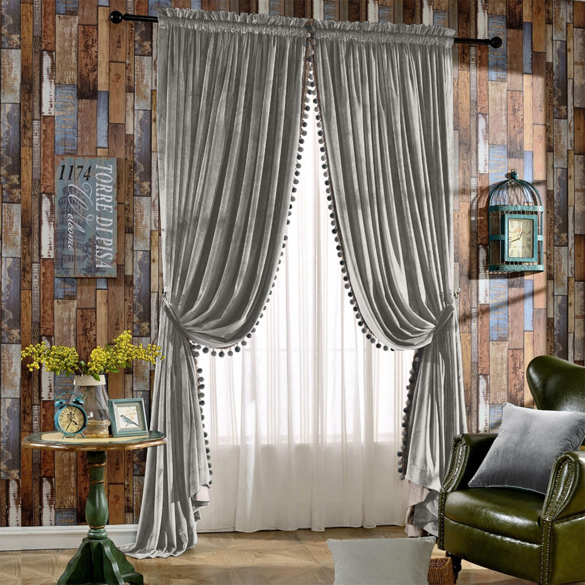 Melodieux Pom Pom Velvet Curtains, 2-Panel Set