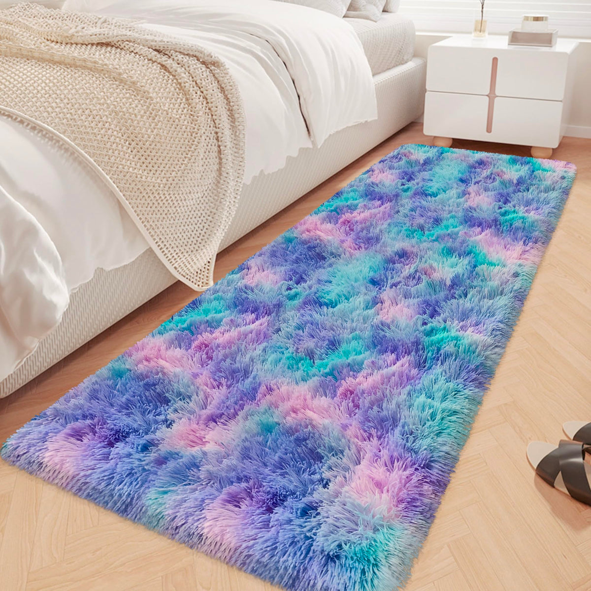 JiaoBaba Rainbow Tie-Dye Fluffy Area Rug for Kids