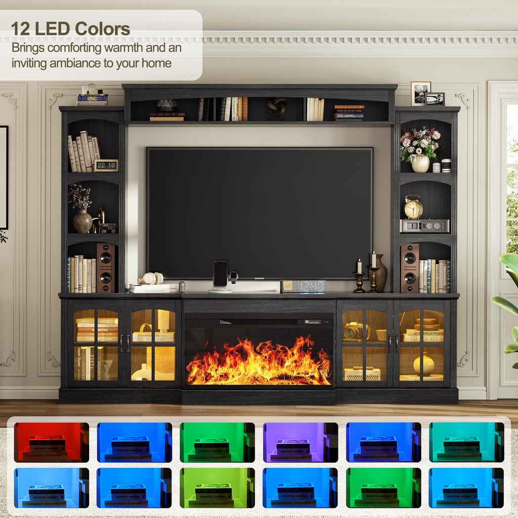 OneBlis 98" Farmhouse TV Stand with 36" Electric Fireplace, Bookshelves, Fits 75" TVs, Entertainment Center with Storage Cabinet, Large Wall Unit Media Console for Living Room, White