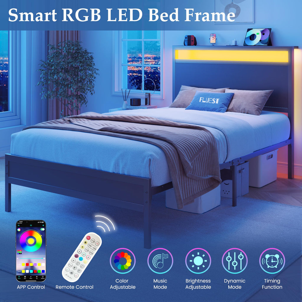 Fluest Bed Frame with Headboard, Metal Platform Bed Frame with High Bookcase Headboard, 4 Storage Drawers & Charging Station & LED, Noise-Free, NO Box Spring Needed