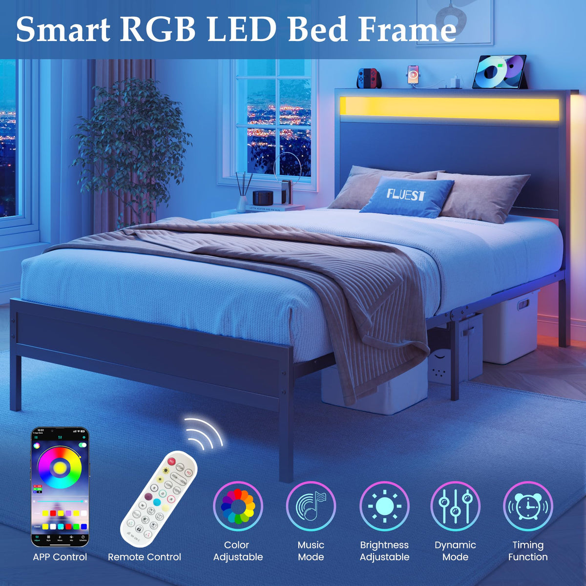 Fluest Bed Frame with Headboard, Metal Platform Bed Frame with High Bookcase Headboard, 4 Storage Drawers & Charging Station & LED, Noise-Free, NO Box Spring Needed