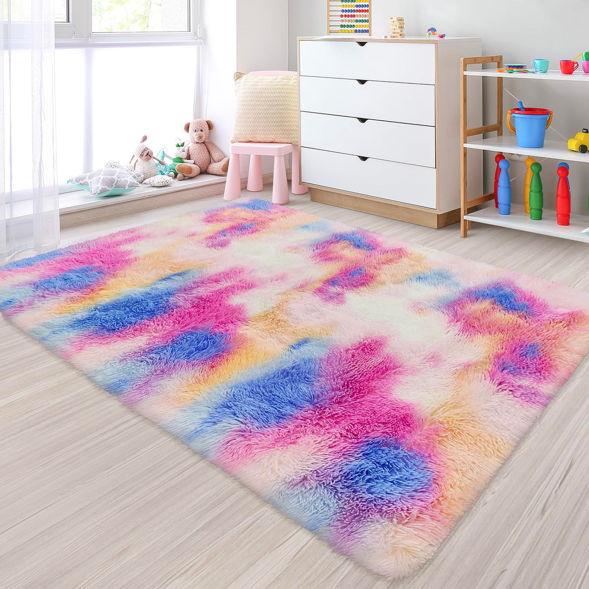 JiaoBaba Rainbow Tie-Dye Fluffy Area Rug for Kids