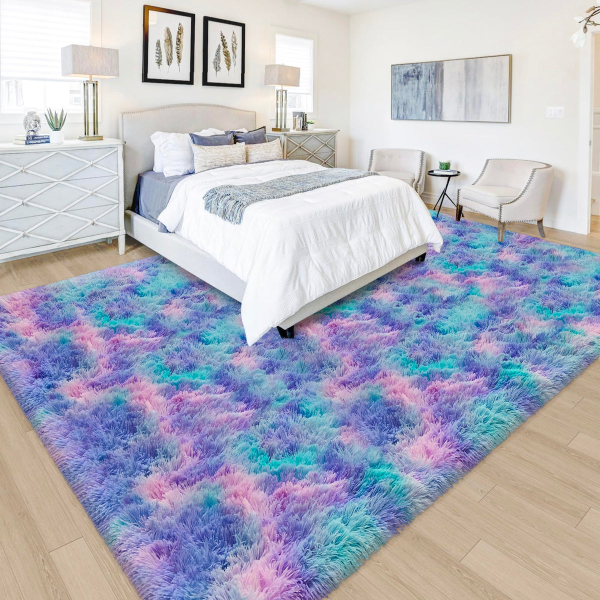 JiaoBaba Rainbow Tie-Dye Fluffy Area Rug for Kids