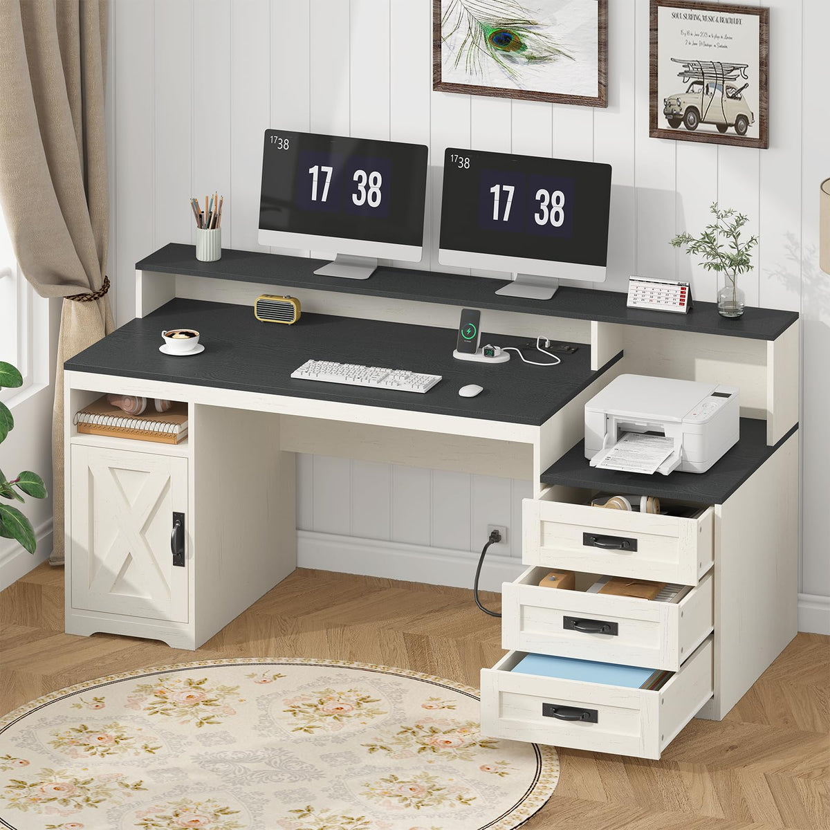 TVU Farmhouse Computer Desk with Drawers, 65'' Home Office Desk with Power Outlets, Storage Cabinet and Printer Stand, Study Writing Desks with Long Monitor Stand, White