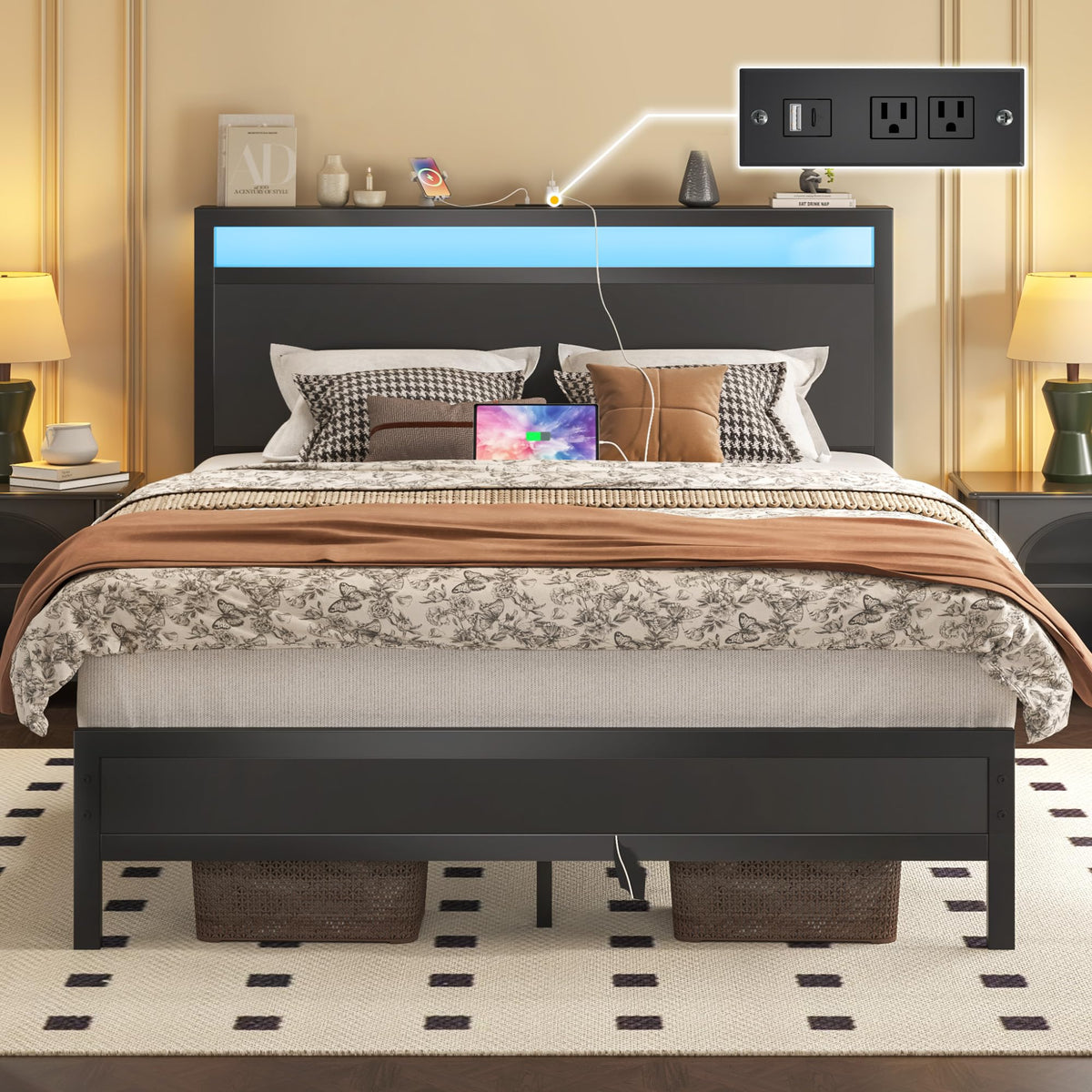 Fluest Bed Frame with Headboard, Metal Platform Bed Frame with High Bookcase Headboard, 4 Storage Drawers & Charging Station & LED, Noise-Free, NO Box Spring Needed