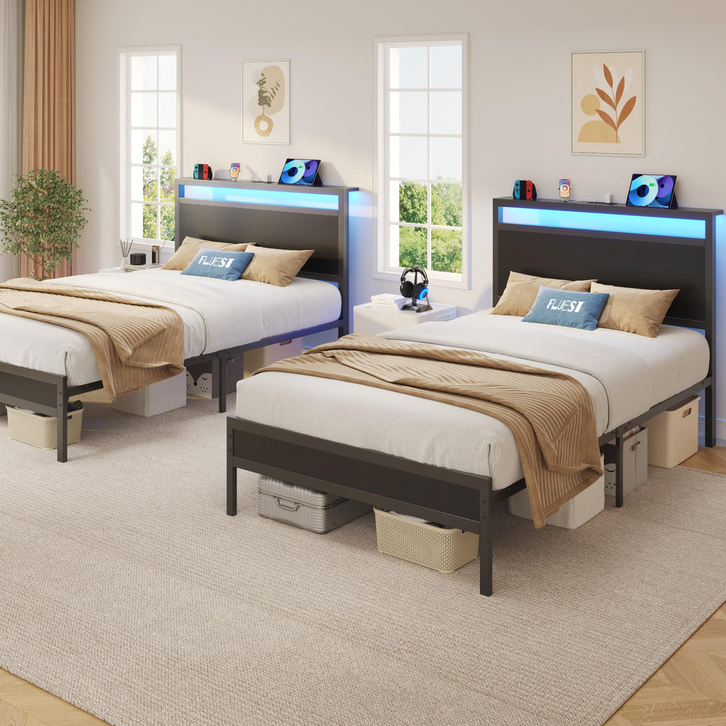 Fluest Bed Frame with Headboard, Metal Platform Bed Frame with High Bookcase Headboard, 4 Storage Drawers & Charging Station & LED, Noise-Free, NO Box Spring Needed