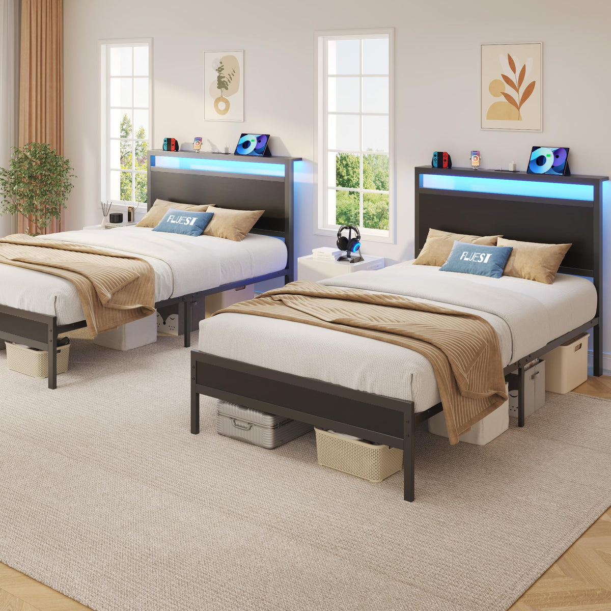 Fluest Bed Frame with Headboard, Metal Platform Bed Frame with High Bookcase Headboard, 4 Storage Drawers & Charging Station & LED, Noise-Free, NO Box Spring Needed